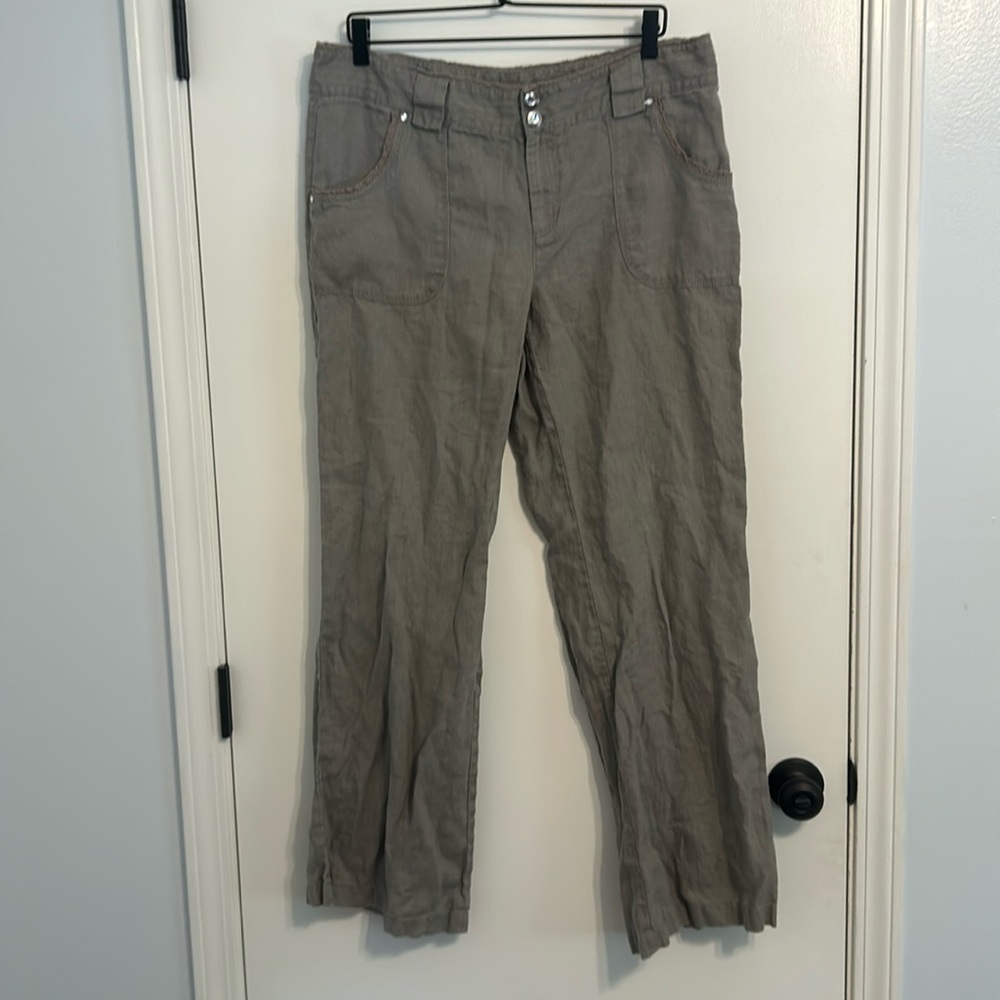 Khaki linen pants with crochet and crystal accents